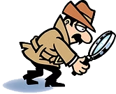Cartoon detective with magnifying glass investigating.